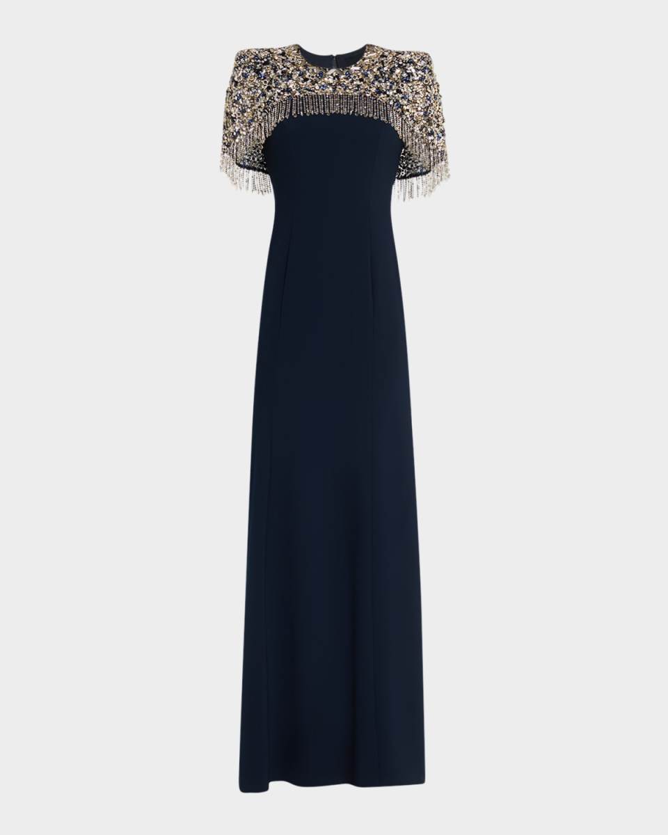 Rana Embellished Cape Trumpet Gown